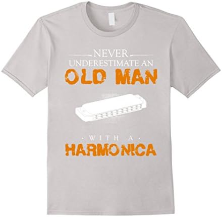 Men's An Old Man With A Harmonica Musician T-Shirt XL Silver