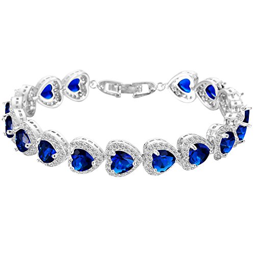 EVER FAITH Silver-Tone CZ September Birthstone Gorgeous Heart-Shaped Roman Tennis Bracelet Sapphire-color