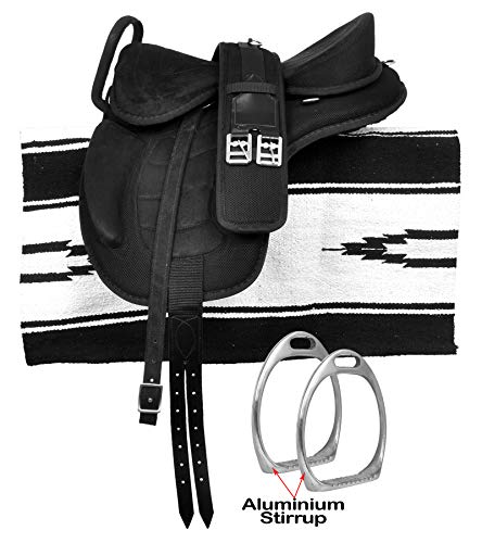 HR, International Synthetic Treeless FREEMAX English Horse Saddles Tack, with Handle + Girth, Leather Straps, Aluminium Stirrups & Navajo Saddle Pad Size 14′ to 18″‘ Inch Seat (15.5″ Inches Seat)