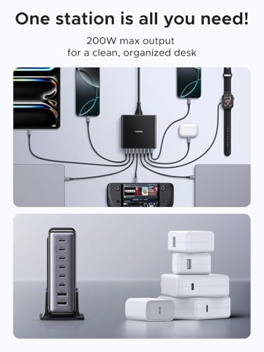 UGREEN Cargador 200W GAN y 8 Puertos, Estación de Carga de Escritorio con 6 USB C y USB PD, Carga Rápida de 100W, Compatible con MacBook Pro Air de 16", XPS 13, iPad Pro, iPhone 17Pro MAX, Galaxy S25