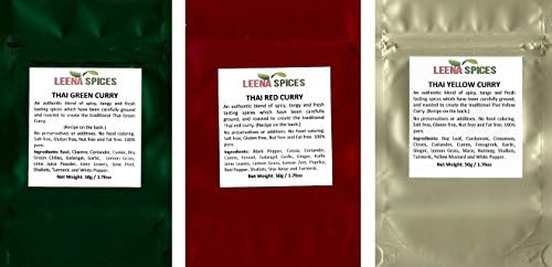 Leena Spices3 Three Thai Seasoning Packets – Green, Red And Yellow Spice – Gluten Free Curry Powder Blend – No Salt Or Color Mix – With Recipe – Enjoy Pure Quality Thai Food.