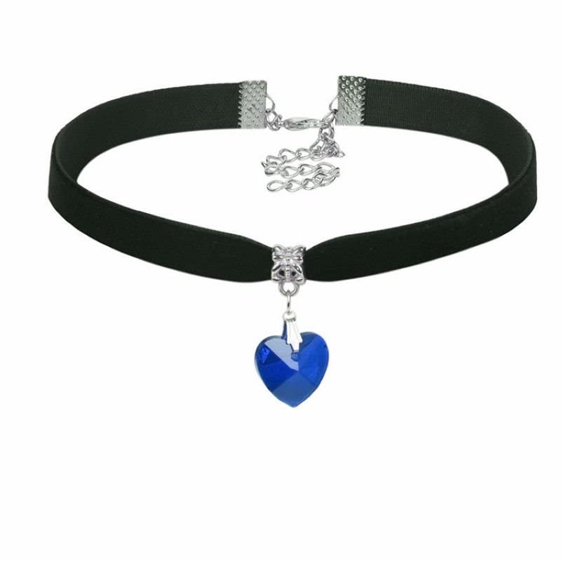 Gregory Crafts & Gifts Gothic Choker Necklace - Black Velvet and Royal Blue Crystal Heart Shaped Gem