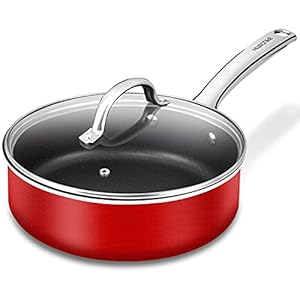HITECLIFE Saute Pan with Lid, 3.2L Nonstick Jumbo Cooker with Induction Base, Stainless Handle Steel Aluminum Deep Frying Pan, Heat Evenly, PFOA-Free, Red