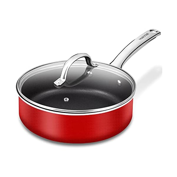 HITECLIFE Saute Pan with Lid, 3.2L Nonstick Jumbo Cooker with Induction Base, Stainless Handle Steel Aluminum Deep Frying Pan, Heat Evenly, PFOA-Free, Red