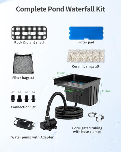 POPOSOAP Pond Waterfall with 42W DC 4600 L/H Pond Pump, 3m Corrugated Tubing, Filter Media, 43 cm Spillway for Large Outdoor Garden Pond Water Features