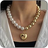Chunky Gold Heart Necklace for Women Pearl Beads Pendant Necklaces Thick Love Pearl Choker Necklace Y2k Necklace Dainty Statement Jewelry Gift for Women