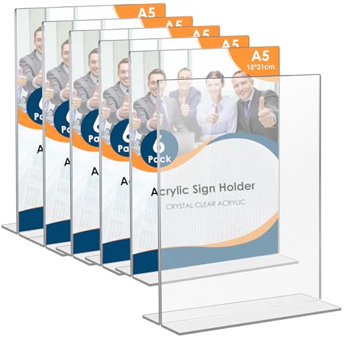Grapelet 6 Pack A5 5.8 x 8.3inch Clear Acrylic Sign Display Stand, Ideal for Wedding Table Numbers, Double Sided Picture and Menu Holder