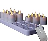 NONNO&ZGF Rechargeable Flameless Votives Moving Flame Wick LED Tealight Candles with Charging Base and Remote Control, Set of 12