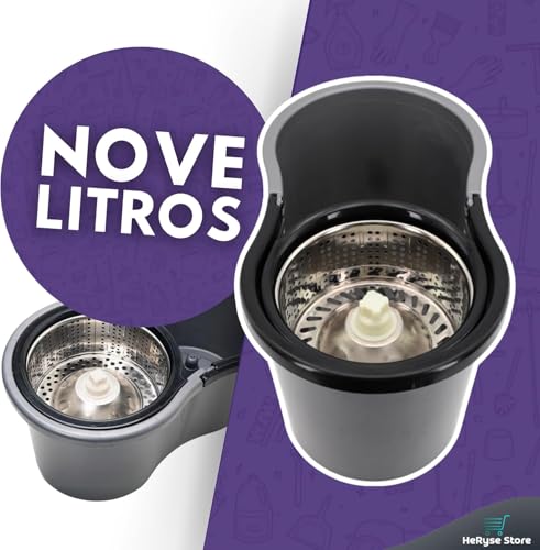 Importado - Mop com Balde Giratório Cesto em Inox, 9 Litros, Esfregão para Limpeza Lava e Seca com 2 Refis de Microfibra