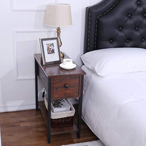 HOOBRO Side Table, 2Tier Nightstand with Drawer, Narrow End Table for