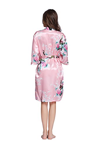 Amzchoice Women's Short Sleeve Kimono Robe Peacock & Blossoms for Spa, Wedding Bridal and Bridesmaid (S, Magenta) - Thumbnail 3