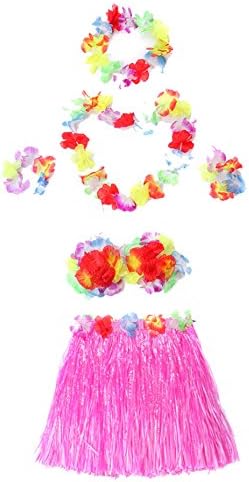 Children's Costumes Six Pieces Double Layer Hawaiian Hula Dance Grass Skirt For Children (pink)