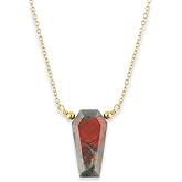 Gem O World Natural Bloodstone Geometric Coffin Pendant Necklace for Women | Gold Plated Hypoallergenic Vitality Crystal Jewelry | Courage & Healing Stone Gift 16"+2" (Bloodstone)