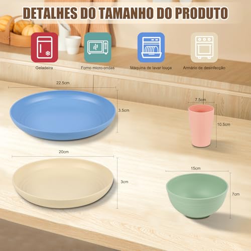 Kit 16 Conjunto de Louça de Palha de Trigo, Conjuntos de Pratos e Tigelas de Plástico Inquebráveis, Conjunto de Louça Inquebrável para 4, Pratos de Jantar Reutilizáveis e Seguros