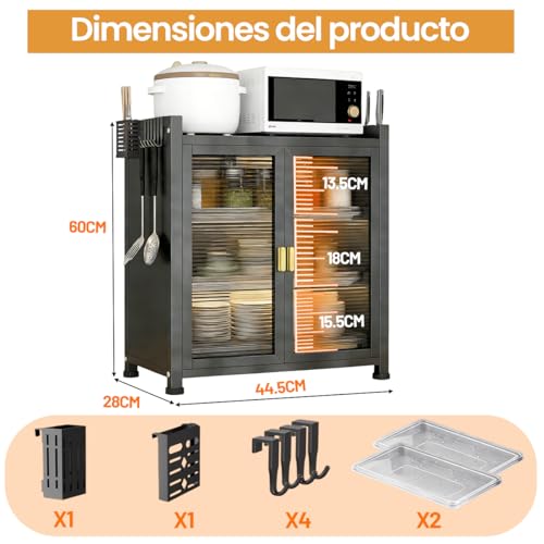 DNIDIO Organizador de Platos, 3 Niveles con Puerta, Trastero Escurridor, Antipolvo e Insectos, con Soporte para Cuchillo y Cubierto y 4 Ganchos, 60 CM(Negra)