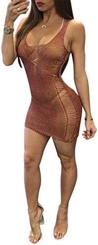 Palster Women Sexy Halter Deep O Neck Bodycon See Through Nightclub Dress, Coffee, Large