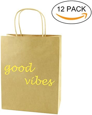 FOONEA 12 Pack Paper Bags, Good Vibes Gold Foil Printed with Handles, Wedding Welcome Gift Bags for Hotel Guests, Bridal Baby Shower Shopping Birthday Party Favors, Brown Bags