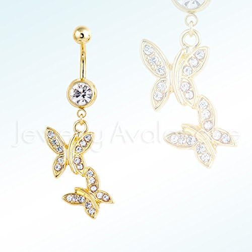 Silver Butterflies Belly Ring, Polished Screw-on 14G Banana Barbel 316L Surgical Steel Navel Ring - Yellow