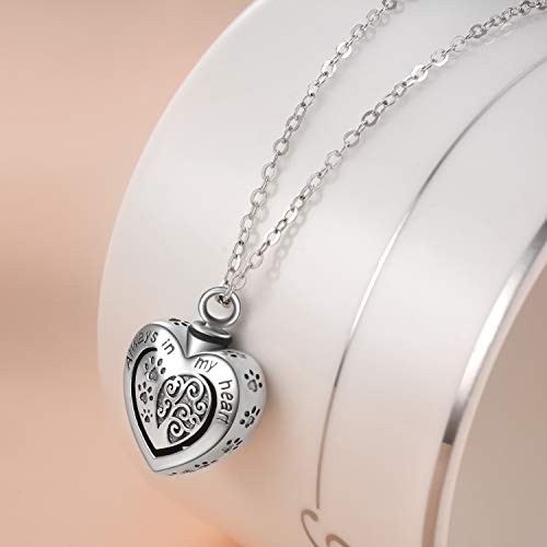 POPLYKE Memorial Urn Necklace for Dog Cat Pets Ashes,Engraved Always in My Heart Sterling Silver Dog Paw Pendant Necklace for Women Girls Unisex - Thumbnail 2