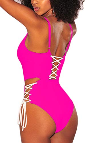Almaree Woman Deep V Neck Criss Cross High Waist Bathing Suit 1 Piece Bikini Rosy S
