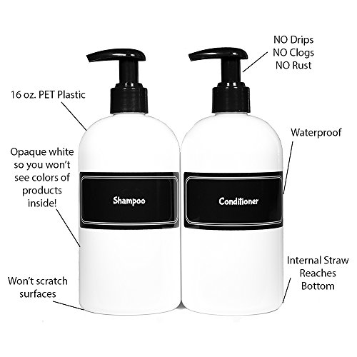 Bottiful Home-16 oz. Refillable Empty Durable Opaque White PET Plastic Shampoo and Conditioner Pump Bottle Set-B&W Pre-Applied Fully Waterproof Labels-100% Rust-FREE, Clog-FREE, Drip-FREE