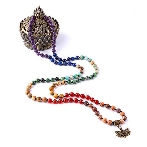 Bivei 7 Chakra 108 Mala Beads Bracelet Real Healing Gemstone Yoga Meditation Hand Knotted Mala Prayer Bead Necklace(Lotus OM) - Thumbnail 6