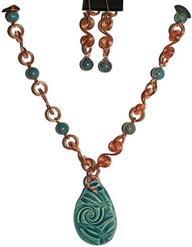 Copper Necklace Set Handmade Links and Blue-Green Ceramic Pendant