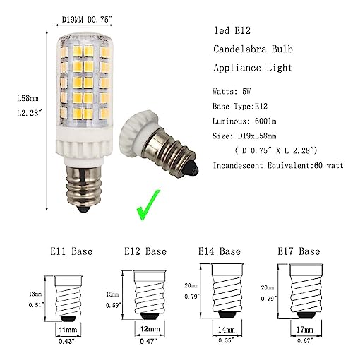 QLEE E12 LED 5W C7 Glühbirne 60W gleiches Halogenlicht Tageslicht T6 Kandelaber Glühbirne für Deckenventilator Nähen Serger Licht Kühlschrank Mikrowelle Licht Kronleuchter Licht 4er Pack