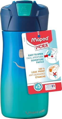 Picnik Concept Kids - Gourde Enfant avec Système de Pipette - Étanche - Ouverture Automatique avec Bouton - Nettoyage Facile - Corps en Acier - 430 ml Inoxydable - Bleu - 430 ml 871203