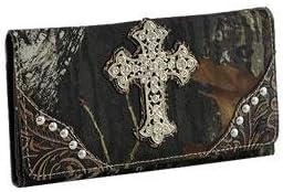 Mossy Oak Camo Print Tri-Fold Cross Wallet w/Rhinestone - MO/COFFEE
