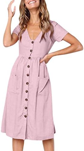 Bringbring Womens Holiday Summer Beach Solid Short Sleeve Buttons Party Dress