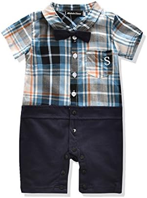 KidsInTime Baby Boys Gentleman Romper Bowtie Jumpsuit Plaid Outfit 3 Colors (100(18-24m), Navy)
