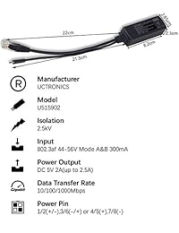 uctronics Gigabit PoE Divisor para Raspberry Pi 3B + Compatible Con Sombrero (48 V POE IEEE 802.3 af a 5 V, Micro USB)