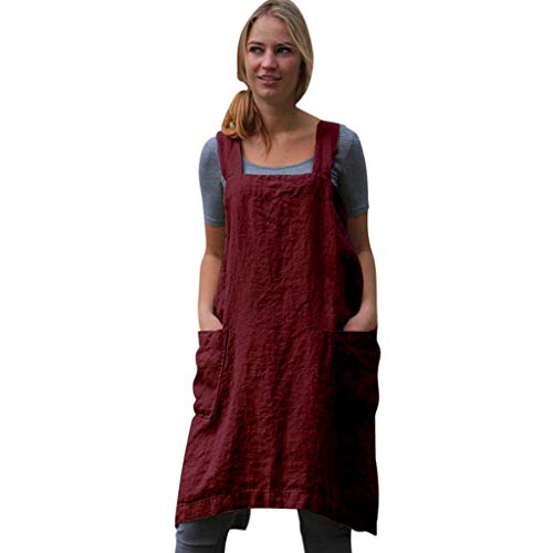 charmsamx Premium Soft Cotton Linen Apron for Women with 2 Double Front Large Size Pockets Solid Color Suspender Cross Back Apron X-Shaped Japanese Apron for Kitchen Restaurant Flower Arrangement