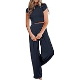 Ezbelle Summer Lounge Sets Women's Short Sleeve Pjs Crop Shirt Knit Pajama Set 2 Piece Outfits Long Pants Tracksuit