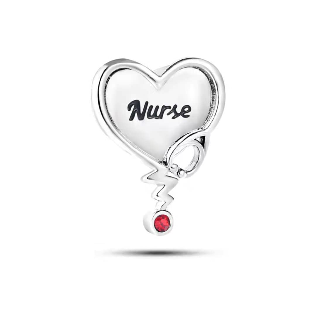 Nurse Red CZ Stethoscope Love Heart Dangle Charms fit Pandora Charm Bracelet Birthday Jewellery Gift for Nurse Day Women Daughter Sister