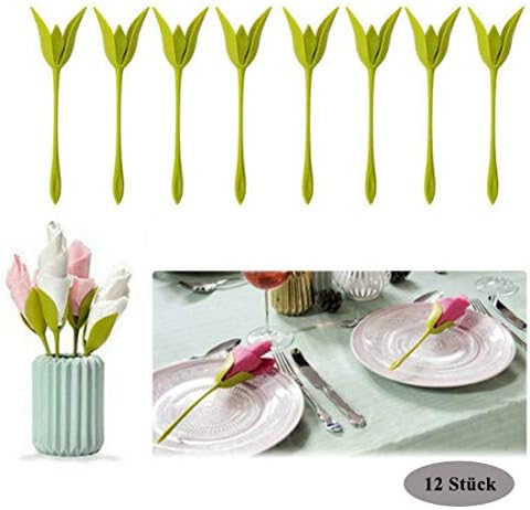 SPECOOL Bloom Napkin Holders for Tables, Set of 12 Green Stemmed Plastic Twist Flower Buds Serviette Holders Plus White Napkins for Making Original Table Arrangements