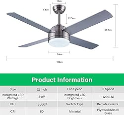 CJOY Ceiling Fan with Lights, 52 Inch Modern