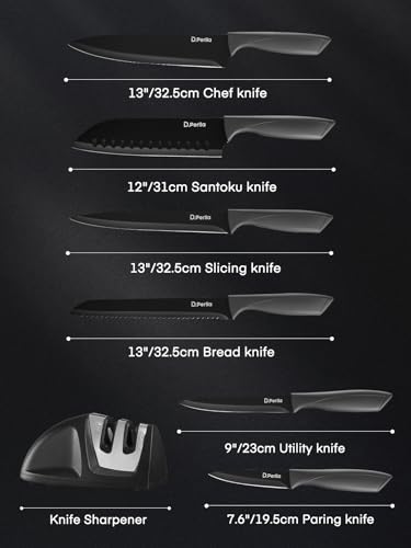 D.Perlla Professional Kitchen Knife Set with Sharpener 7 Pieces Stainless Steel Knives Chef Knife Ergonomic Handle, Black