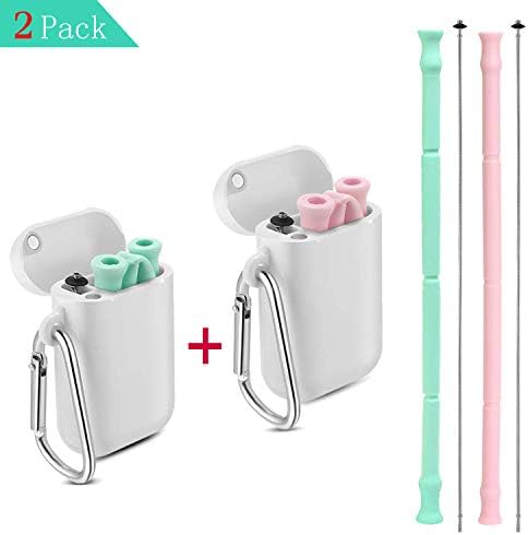 2PACK-Collapsible Straw-Reusable Portable Foldable Straw-Better than stainless steel metal-Food grade silicone with keychain with case and cleaning brush(Light green & Pink) Decootl