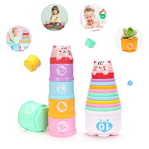 Alagoo Stacking Cups Baby Building Set, Nesting Cups Embossed Animal, Numbers, Colors Stacking and Sorting Nesting Toys for Kids Bathtub, Beach, Water Toy(11 Pcs)