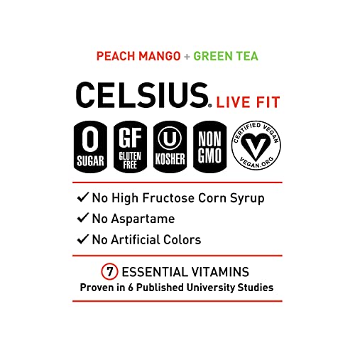CELSIUS Peach Mango Green Tea, Functional Essential Energy Drink 12 Fl