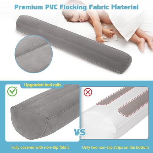 2Pack Inflatable Bed Rails for Toddlers, Non-Slip Soft Flocking Portable Travel Kids Bed Bumper for Full Queen King Size Beds, Grey 127 * 15 * 12cm