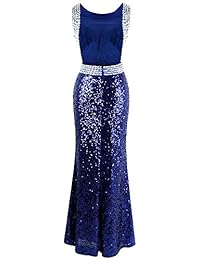 Angel-fashions vestido de fiesta sin espalda con lentejuelas y cuello redondo para mujer