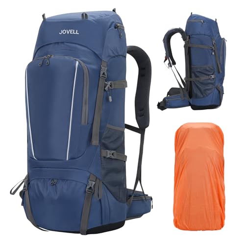 JOVELL 70L Hiking Backpack with Rain Cover, Travel and Camping Package for Outdoor Sports, Climbing, Touring and Hiking, Backpack Luggage for Men and Women, blue, Hiking Backpack