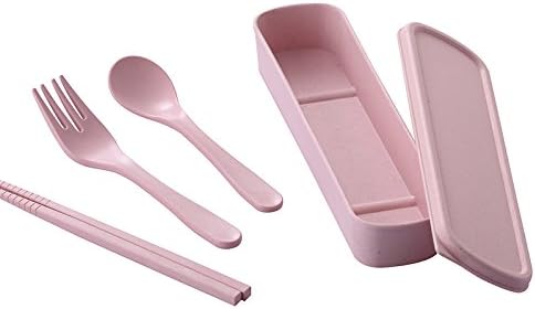 Doremy 3 Pcs Eco-friendly Bamboo Fiber Camping Cutlery Set Outdoor Portable Utensils Durable Tableware Chopsticks Spoon Fork Storage Box for Travel, Picnic,Office,Home(21.6 x 6 x 3.1 cm)
