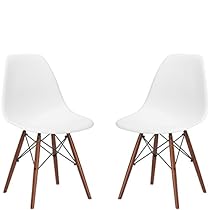 Poly and Bark Eames Style Molded Plastic Dowel-Leg Side Chair, White, Set of 2