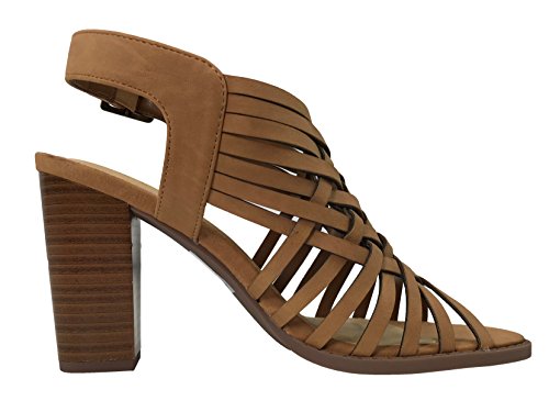 City Classified Open Toe Perforated Lace up Elastic Side Stacked Chunky Heel Sandal, Tan, 7.5