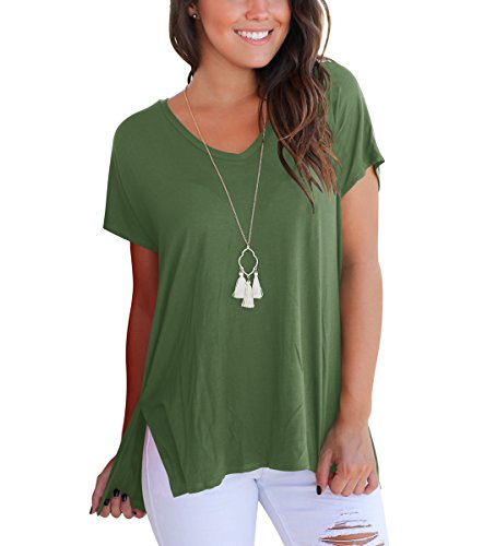 T Shirt Blouse Tops For Women Short Sleeve Basic Tees (Army Green, Large) - Thumbnail 4