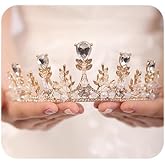 Wekicici Queen Tiaras Crystal Pearl Crown Gold Flower Leaves Baroque Wedding Headband Headpieces Crown for Birthday Pageant Prom Bridal Party for Women(Gold)